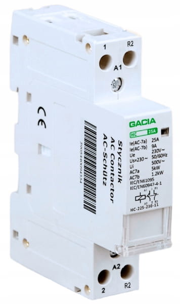 STYCZNIK MODUŁOWY HC 25A 1P 2T 25A 1NO 1NC 230V na szynę TH