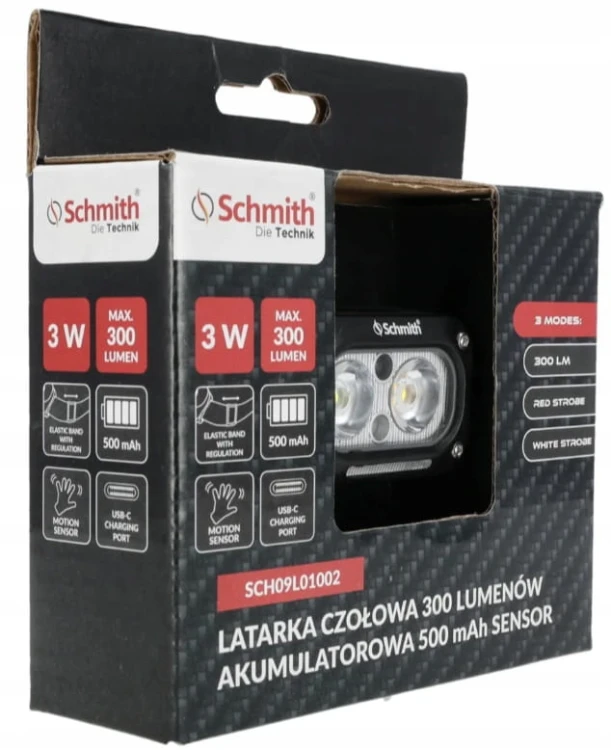 LATARKA CZOŁOWA LED CZOŁÓWKA AKUMULATOROWA USB OPASKA 300lm SENSOR SCHMITH