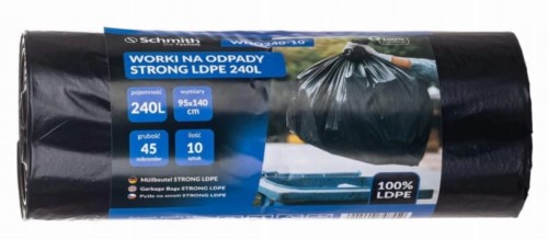 WORKI NA ODPADY ŚMIECI 240L ROLKA 10szt MOCNE LDPE CZARNE SCHMITH