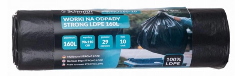 WORKI NA ODPADY ŚMIECI 160L ROLKA 10szt MOCNE LDPE CZARNE SCHMITH