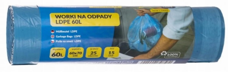WORKI NA ODPADY ŚMIECI 60L ROLKA 15szt Z TAŚMĄ LDPE SCHMITH