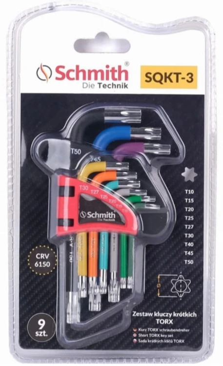 KLUCZE IMBUSOWE TORX KRÓTKIE IMBUS T10-T50 ZESTAW 9szt Z OTWOREM SCHMITH