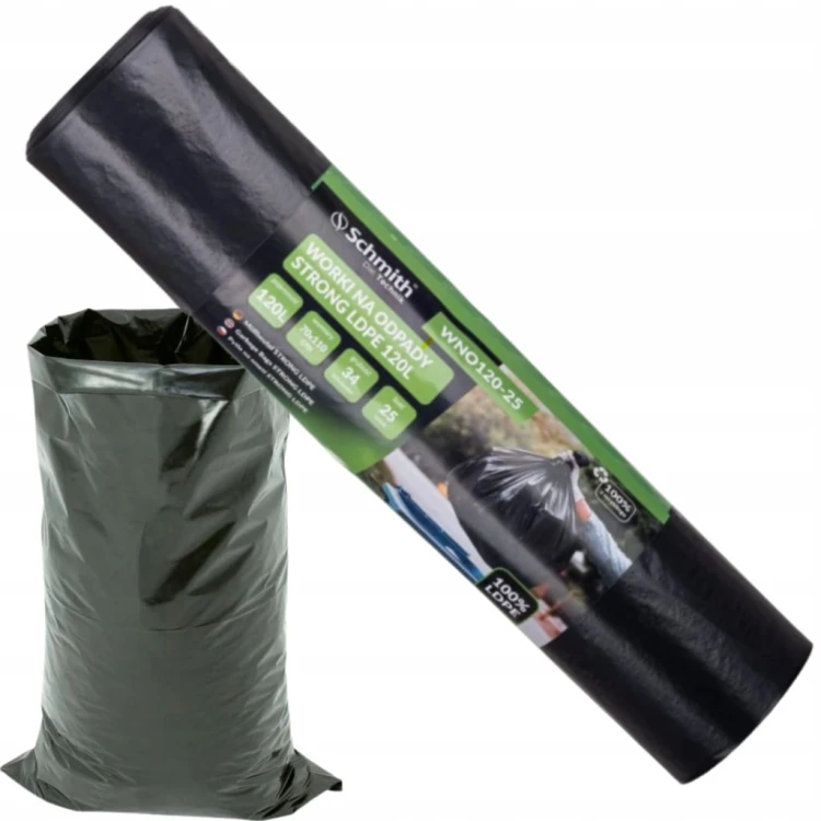 WORKI NA ODPADY ŚMIECI 120L ROLKA 25szt MOCNE LDPE STRONG CZARNE SCHMITH