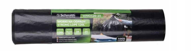 WORKI NA ODPADY ŚMIECI 120L ROLKA 25szt MOCNE LDPE STRONG CZARNE SCHMITH