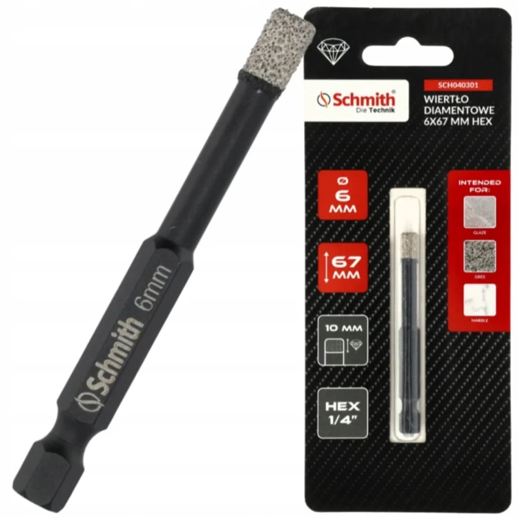 WIERTŁO DIAMETOWE OTWORNICA 6mm 67mm HEX NA SUCHO DO GRESU KAMIENIA SCHMITH