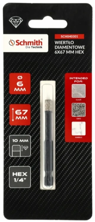 WIERTŁO DIAMETOWE OTWORNICA 6mm 67mm HEX NA SUCHO DO GRESU KAMIENIA SCHMITH