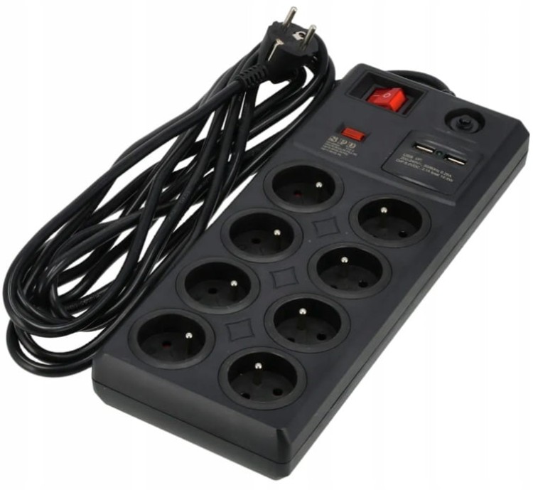 PRZEDŁUŻACZ LISTWA ZASILAJĄCA 10 GNIAZD 2xUSB Z WYŁĄCZNIKIEM 5m SCHMITH