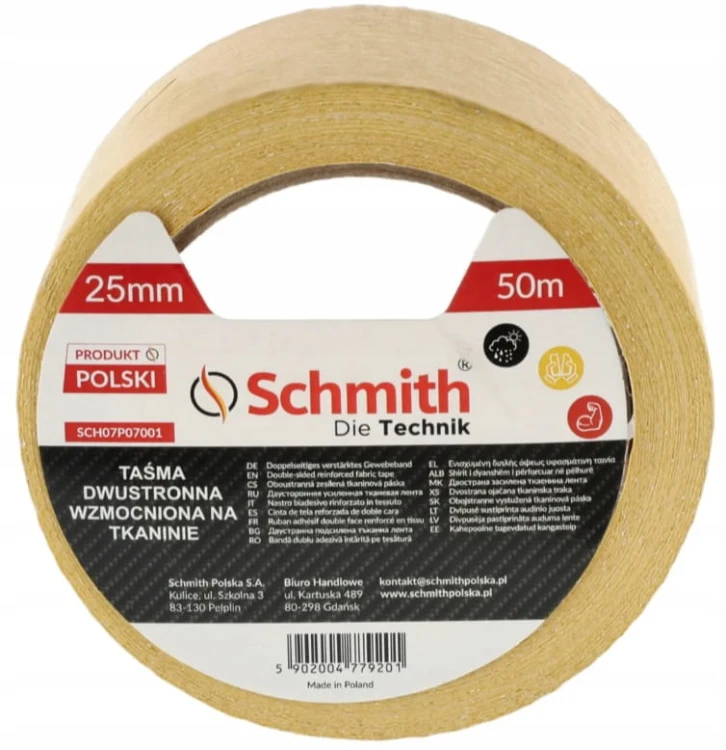 TAŚMA DWUSTRONNA WZMOCNIONA NA TKANINIE 50mm x 25m SCHMITH