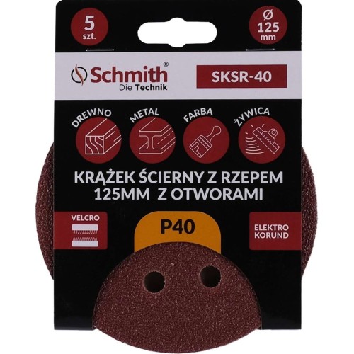 PAPIER ŚCIERNY KRĄŻKI NA RZEP Z OTWORWAMI 125mm P40 ZESTAW 5szt SCHMITH