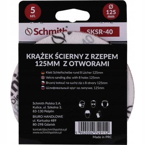 PAPIER ŚCIERNY KRĄŻKI NA RZEP Z OTWORWAMI 125mm P40 ZESTAW 5szt SCHMITH
