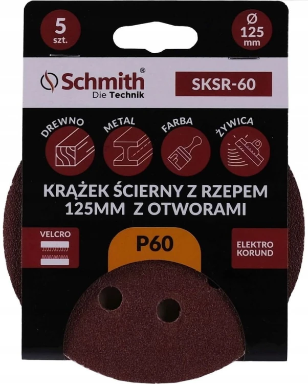 PAPIER ŚCIERNY KRĄŻKI NA RZEP Z OTWORWAMI 125mm P60 ZESTAW 5szt SCHMITH