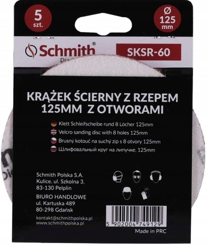 PAPIER ŚCIERNY KRĄŻKI NA RZEP Z OTWORWAMI 125mm P60 ZESTAW 5szt SCHMITH