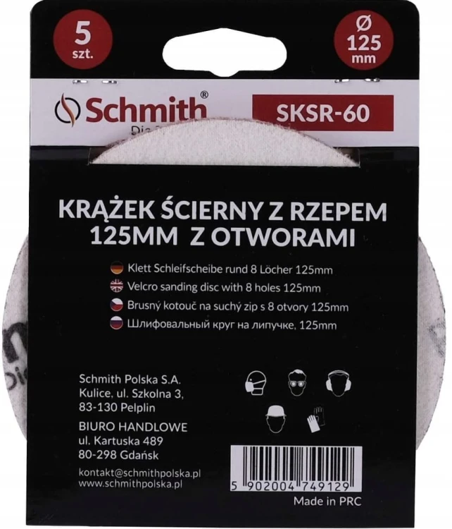 PAPIER ŚCIERNY KRĄŻKI NA RZEP Z OTWORWAMI 125mm P60 ZESTAW 5szt SCHMITH