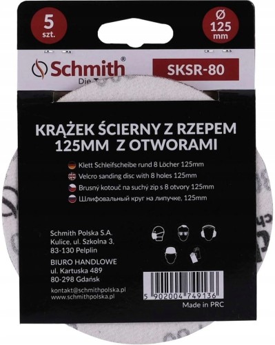 PAPIER ŚCIERNY KRĄŻKI NA RZEP Z OTWORWAMI 125mm P80 ZESTAW 5szt SCHMITH
