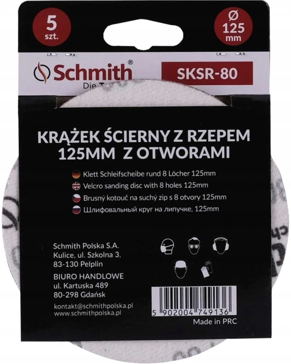 PAPIER ŚCIERNY KRĄŻKI NA RZEP Z OTWORWAMI 125mm P80 ZESTAW 5szt SCHMITH