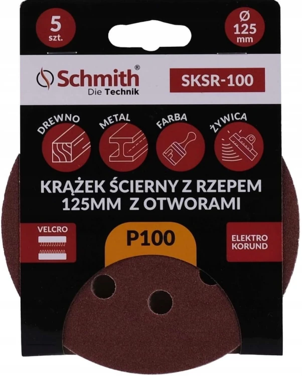 PAPIER ŚCIERNY KRĄŻKI NA RZEP Z OTWORWAMI 125mm P100 ZESTAW 5szt SCHMITH