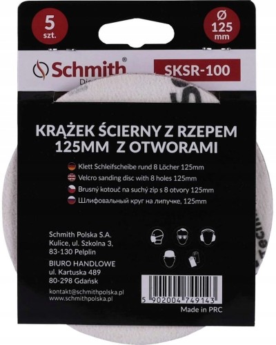 PAPIER ŚCIERNY KRĄŻKI NA RZEP Z OTWORWAMI 125mm P100 ZESTAW 5szt SCHMITH