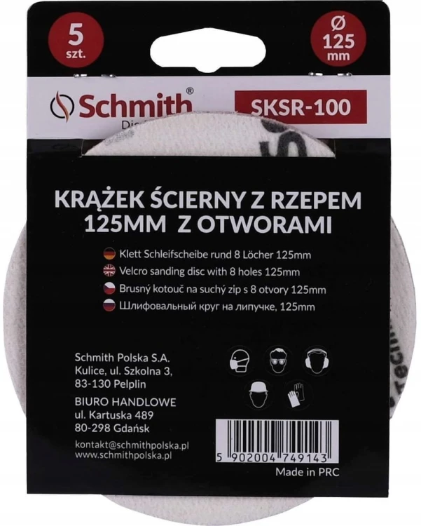 PAPIER ŚCIERNY KRĄŻKI NA RZEP Z OTWORWAMI 125mm P100 ZESTAW 5szt SCHMITH