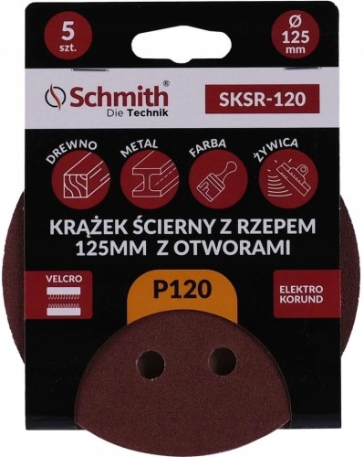 PAPIER ŚCIERNY KRĄŻKI NA RZEP Z OTWORWAMI 125mm P120 ZESTAW 5szt SCHMITH