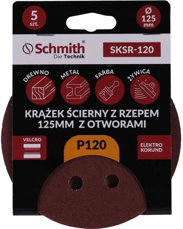PAPIER ŚCIERNY KRĄŻKI NA RZEP Z OTWORWAMI 125mm P120 ZESTAW 5szt SCHMITH