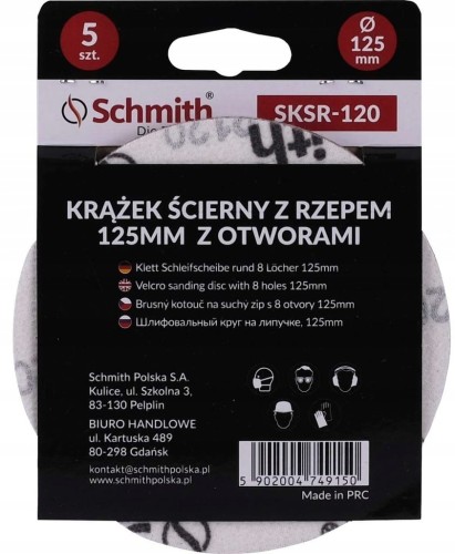 PAPIER ŚCIERNY KRĄŻKI NA RZEP Z OTWORWAMI 125mm P120 ZESTAW 5szt SCHMITH