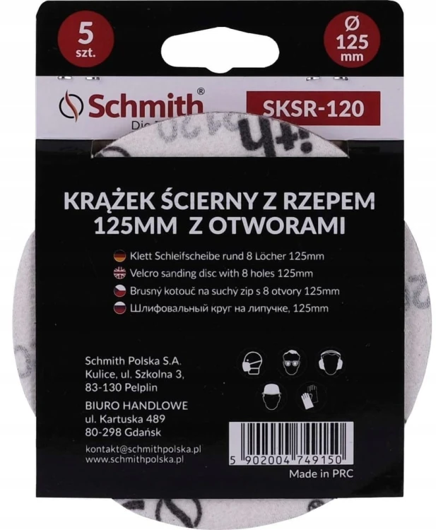 PAPIER ŚCIERNY KRĄŻKI NA RZEP Z OTWORWAMI 125mm P120 ZESTAW 5szt SCHMITH