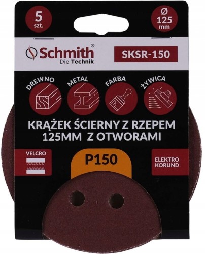 PAPIER ŚCIERNY KRĄŻKI NA RZEP Z OTWORWAMI 125mm P150 ZESTAW 5szt SCHMITH