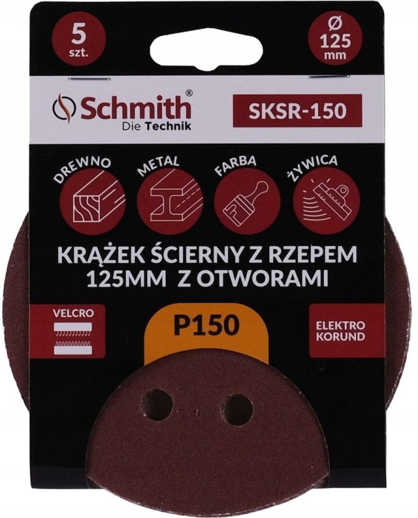 PAPIER ŚCIERNY KRĄŻKI NA RZEP Z OTWORWAMI 125mm P150 ZESTAW 5szt SCHMITH