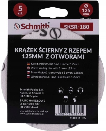 PAPIER ŚCIERNY KRĄŻKI NA RZEP Z OTWORWAMI 125mm P150 ZESTAW 5szt SCHMITH