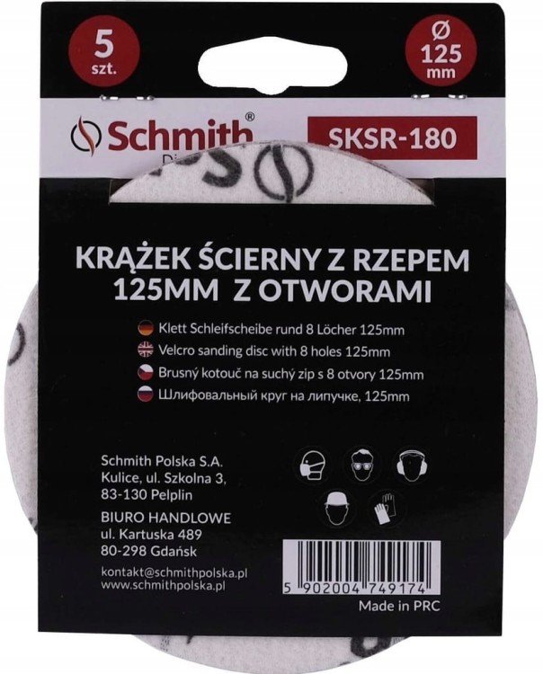 PAPIER ŚCIERNY KRĄŻKI NA RZEP Z OTWORWAMI 125mm P150 ZESTAW 5szt SCHMITH