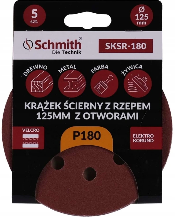PAPIER ŚCIERNY KRĄŻKI NA RZEP Z OTWORWAMI 125mm P180 ZESTAW 5szt SCHMITH