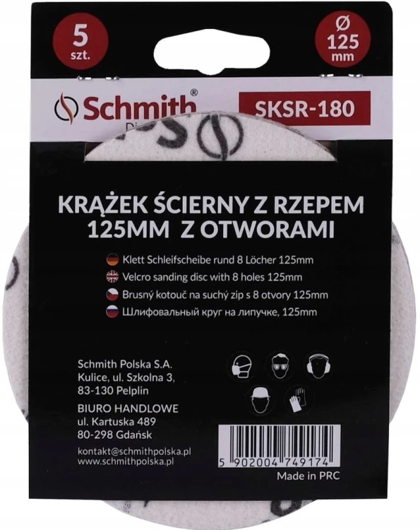 PAPIER ŚCIERNY KRĄŻKI NA RZEP Z OTWORWAMI 125mm P180 ZESTAW 5szt SCHMITH