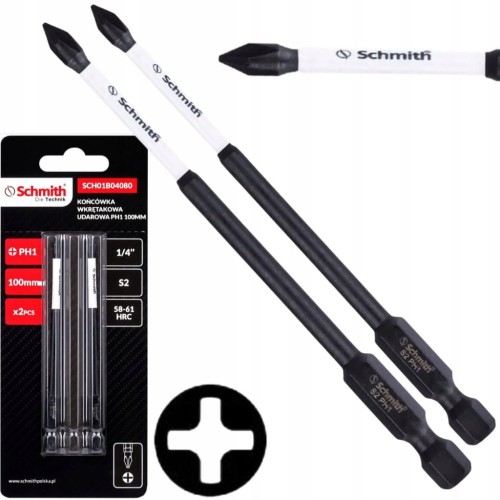 BITY UDAROWE PH1 100mm DŁUGI BIT KOŃCÓWKA WKRĘTAKOWA ZESTAW 2szt SCHMITH