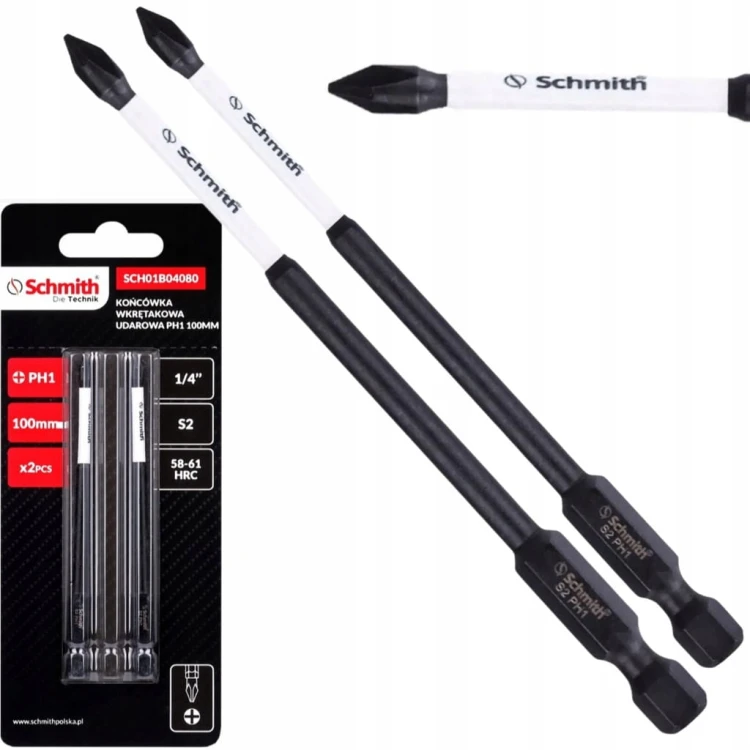 BITY UDAROWE PH1 100mm DŁUGI BIT KOŃCÓWKA WKRĘTAKOWA ZESTAW 2szt SCHMITH