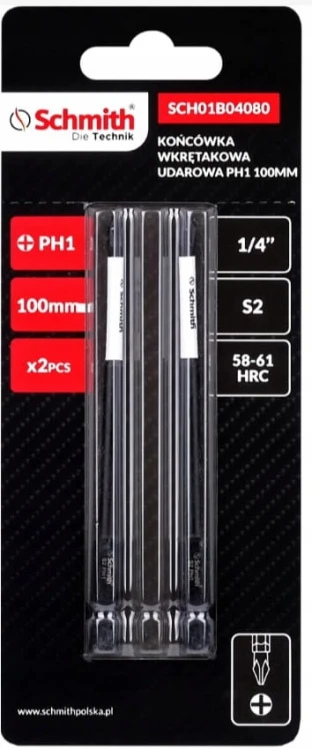 BITY UDAROWE PH1 100mm DŁUGI BIT KOŃCÓWKA WKRĘTAKOWA ZESTAW 2szt SCHMITH