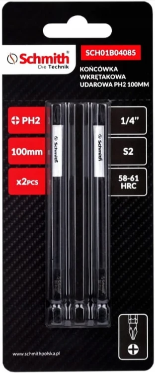 BITY UDAROWE PH2 100mm DŁUGI BIT KRZYŻOWY KOŃCÓWKA WKRĘTAKOWA 2szt SCHMITH