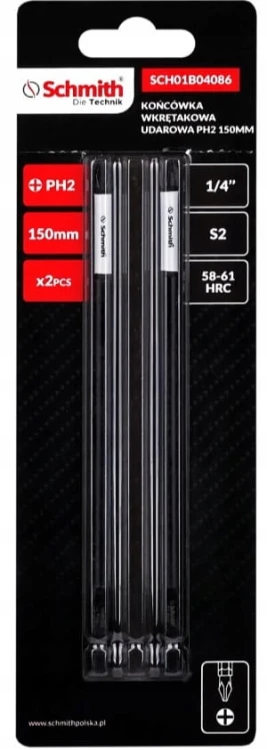 BITY UDAROWE PH2 150mm DŁUGI BIT KRZYŻOWY KOŃCÓWKA WKRĘTAKOWA 2szt SCHMITH