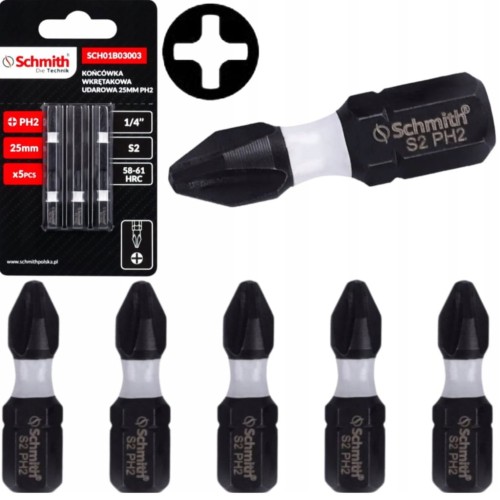 BIT UDAROWY PH2 25mm KRZYŻOWY KOŃCÓWKA MAGNETYCZNA BITY ZESTAW 5szt SCHMITH