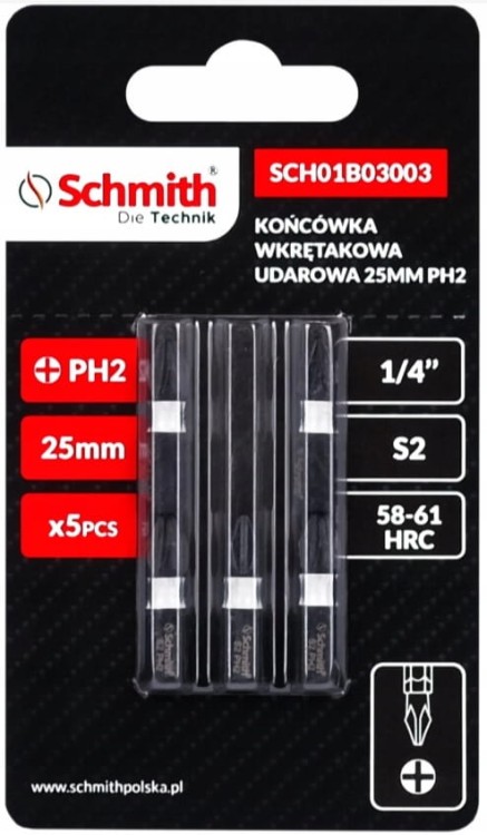 BIT UDAROWY PH2 25mm KRZYŻOWY KOŃCÓWKA MAGNETYCZNA BITY ZESTAW 5szt SCHMITH