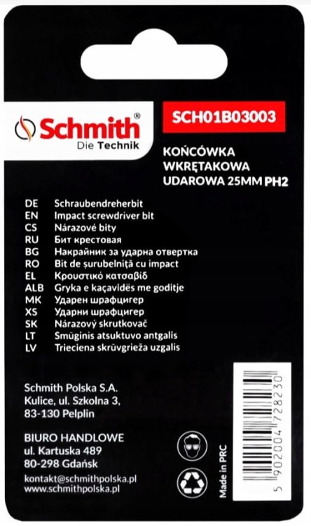 BIT UDAROWY PH2 25mm KRZYŻOWY KOŃCÓWKA MAGNETYCZNA BITY ZESTAW 5szt SCHMITH