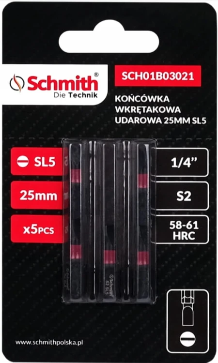 BIT UDAROWY SL5 25mm PŁASKI KOŃCÓWKA MAGNETYCZNA BITY ZESTAW 5szt SCHMITH