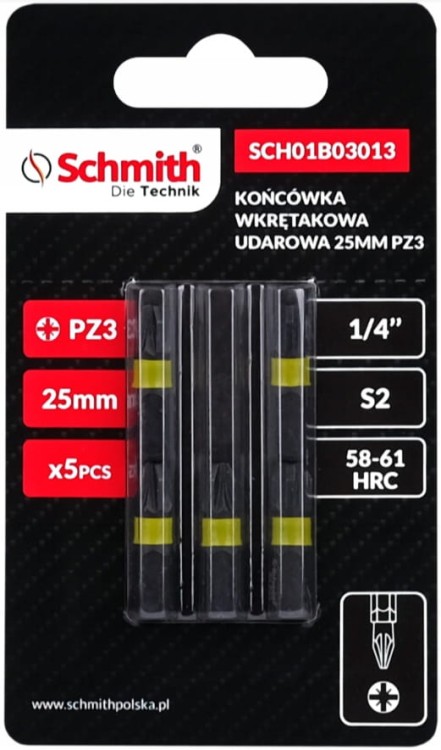 BIT UDAROWY PZ3 25mm KOŃCÓWKA MAGNETYCZNA POZIDRIV BITY ZESTAW 5szt SCHMITH
