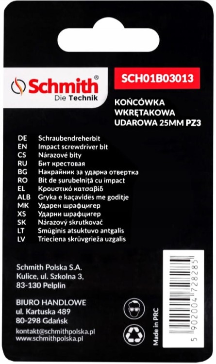 BIT UDAROWY PZ3 25mm KOŃCÓWKA MAGNETYCZNA POZIDRIV BITY ZESTAW 5szt SCHMITH