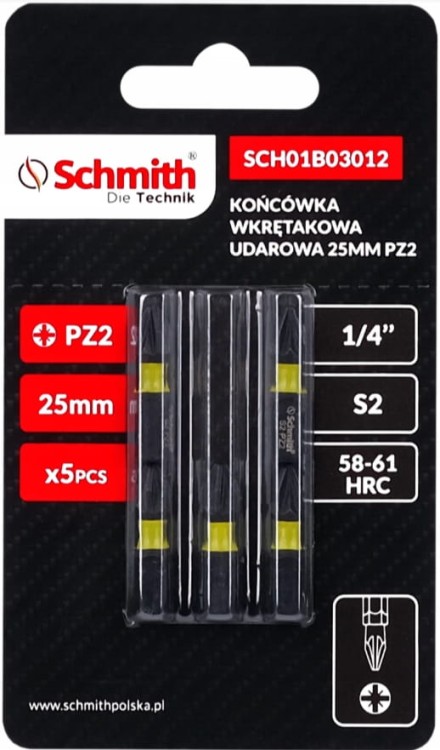 BIT UDAROWY PZ2 25mm KOŃCÓWKA MAGNETYCZNA POZIDRIV BITY ZESTAW 5szt SCHMITH