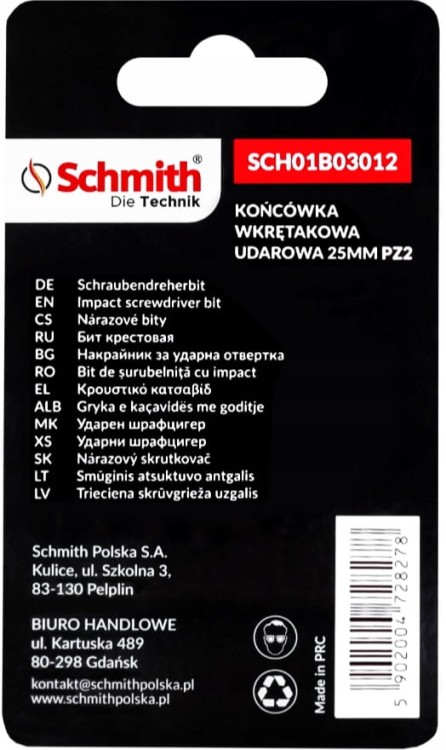 BIT UDAROWY PZ2 25mm KOŃCÓWKA MAGNETYCZNA POZIDRIV BITY ZESTAW 5szt SCHMITH