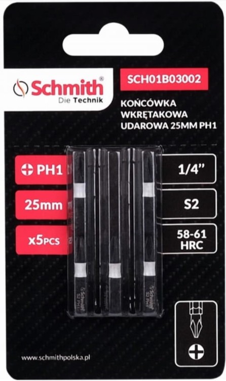 BIT UDAROWY PH1 25mm KRZYŻOWY KOŃCÓWKA MAGNETYCZNA BITY ZESTAW 5szt SCHMITH