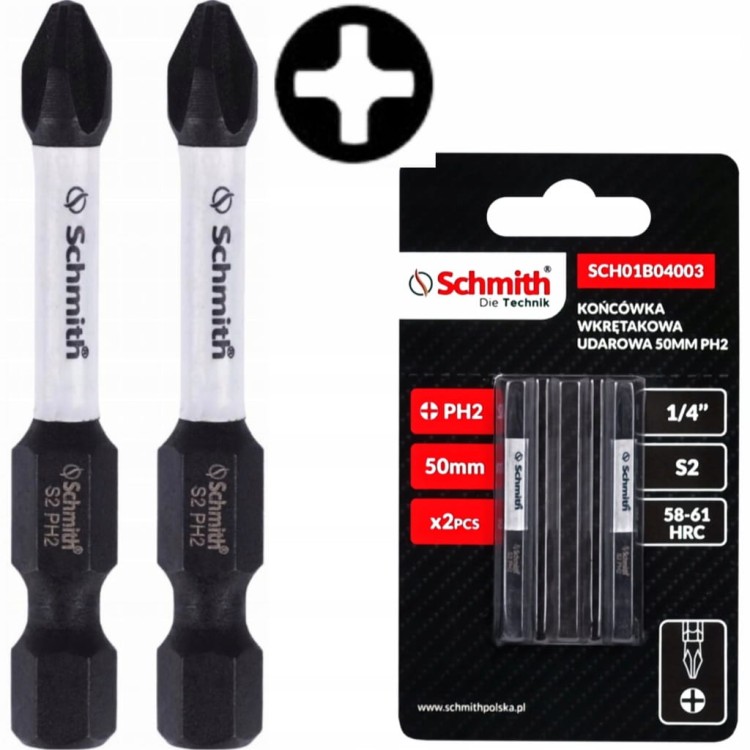 BIT UDAROWY PH2 50mm KRZYŻOWY KOŃCÓWKA MAGNETYCZNA BITY ZESTAW 2szt SCHMITH