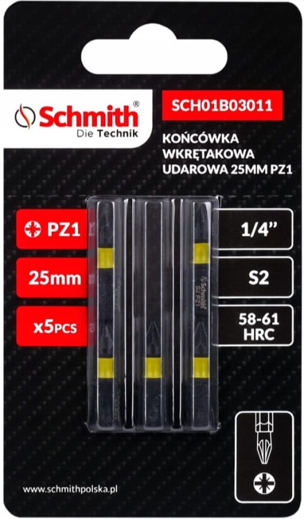BIT UDAROWY PZ1 25mm KOŃCÓWKA MAGNETYCZNA POZIDRIV BITY ZESTAW 5szt SCHMITH