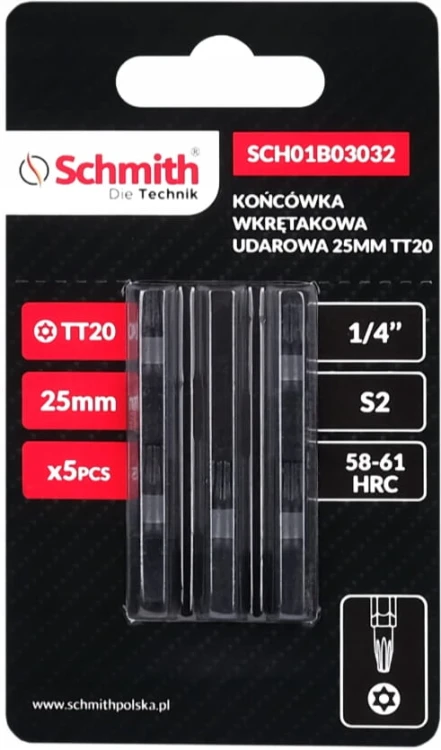 BIT UDAROWY TORX TT20 25mm KOŃCÓWKA MAGNETYCZNA BITY ZESTAW 5szt SCHMITH