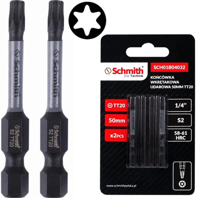 BIT UDAROWY TORX TT20 50mm KOŃCÓWKA MAGNETYCZNA BITY ZESTAW 2szt SCHMITH